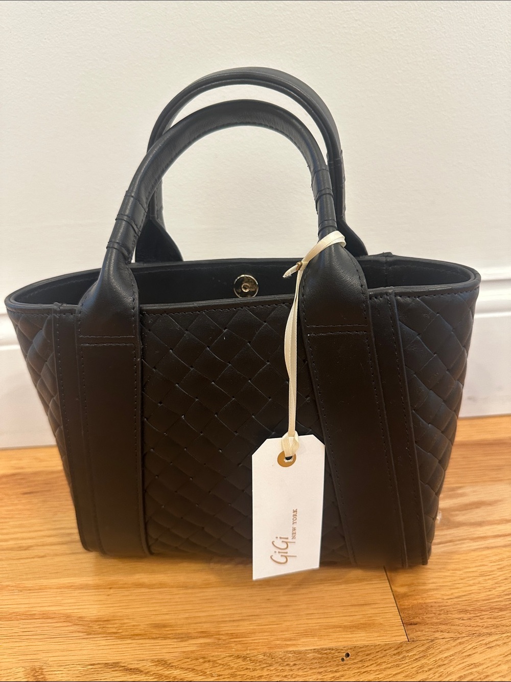 GiGi New York Black Quilted Leather Mini Tote with Gold Snap